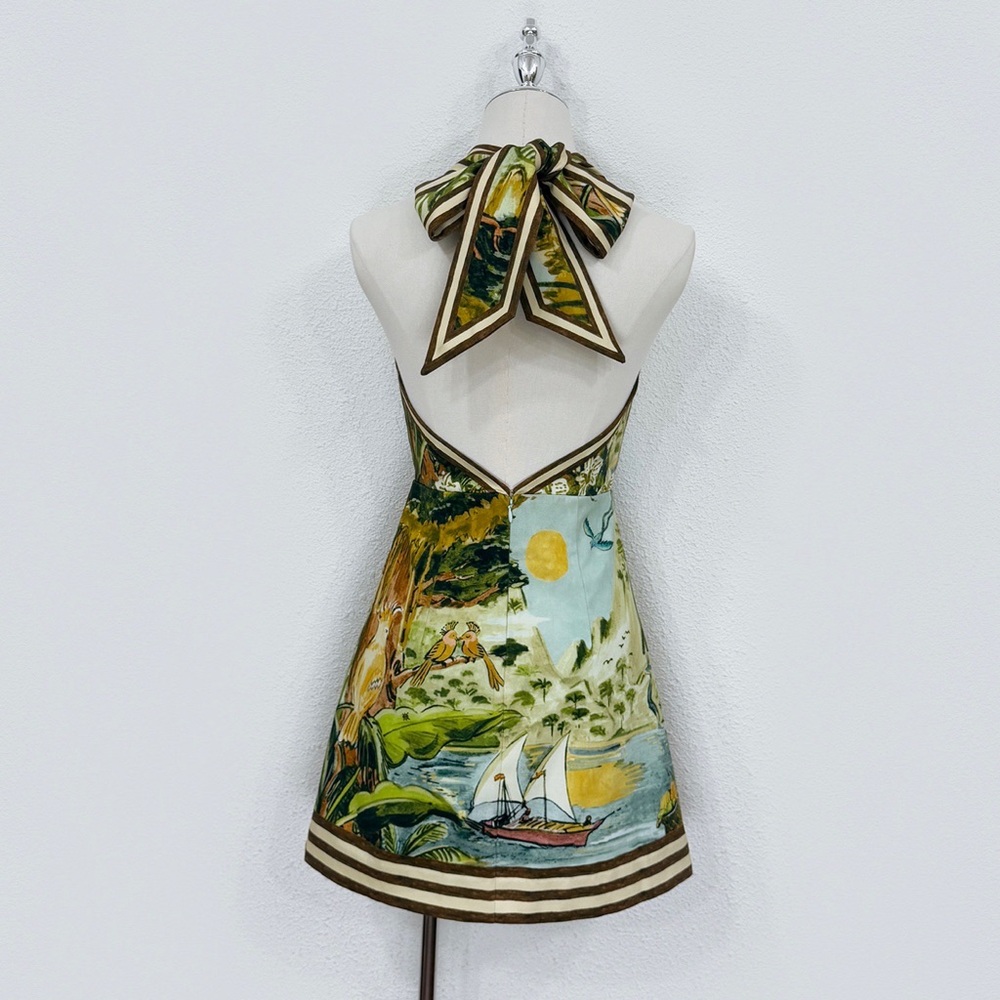 Alemais Tropical Halter Mini Dress in Green and Cream - Picture 2 of 8